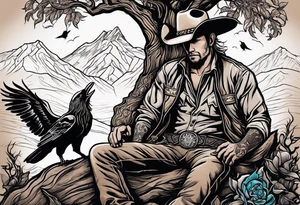 cowboy near death
 sitting in front of a fire with the tree of life behind him and a wolf and a raven tattoo idea