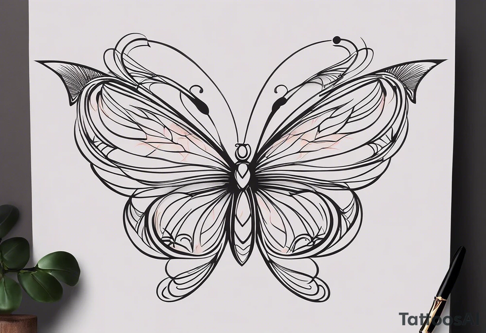 Sure, here's a description of a minimalistic fine line tattoo design:

The tattoo features a delicate butterfly with its wings extended symmetrically. At the center of the butterfly, the cancer ribbon logo is incorporated seamlessly, serving as the body of the butterfly. The butterfly's wings are crafted with fine lines, maintaining simplicity and elegance. The design embraces the symbolism of transformation, hope, and solidarity in the fight against cancer. tattoo idea