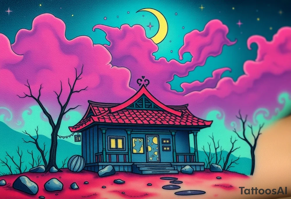 Tim Burton’s haunted pastel toykyo shrine is abandoned and dripping with muted reds, dusty pinks, and eerie green glow.purple and cyan smokey clouds swirl in the crescent moonlit sky thats sprinkled with stars tattoo idea tattoo idea
