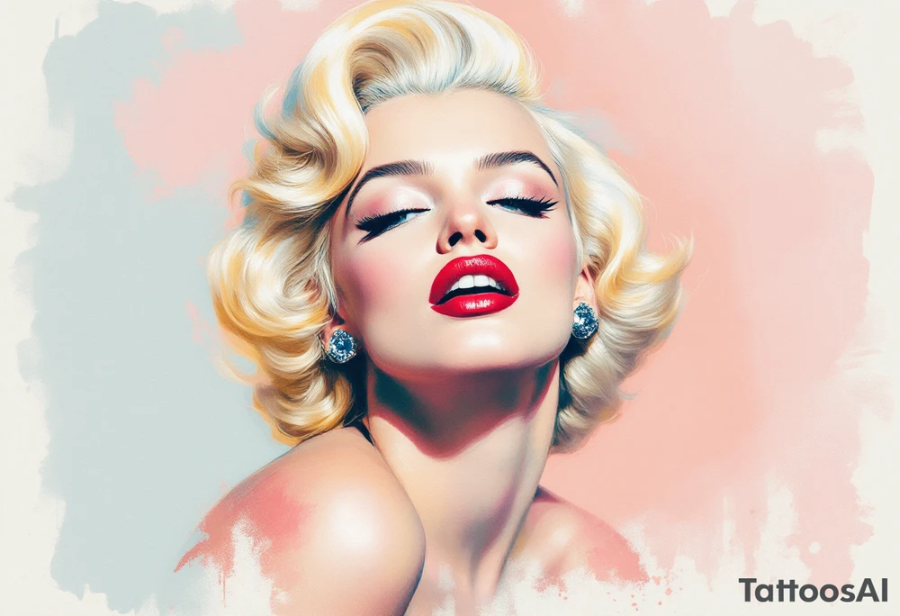 A vintage-style Marilyn in full color with platinum blonde hair, red lips, and a soft pastel background. tattoo idea
