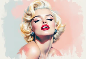 A vintage-style Marilyn in full color with platinum blonde hair, red lips, and a soft pastel background. tattoo idea