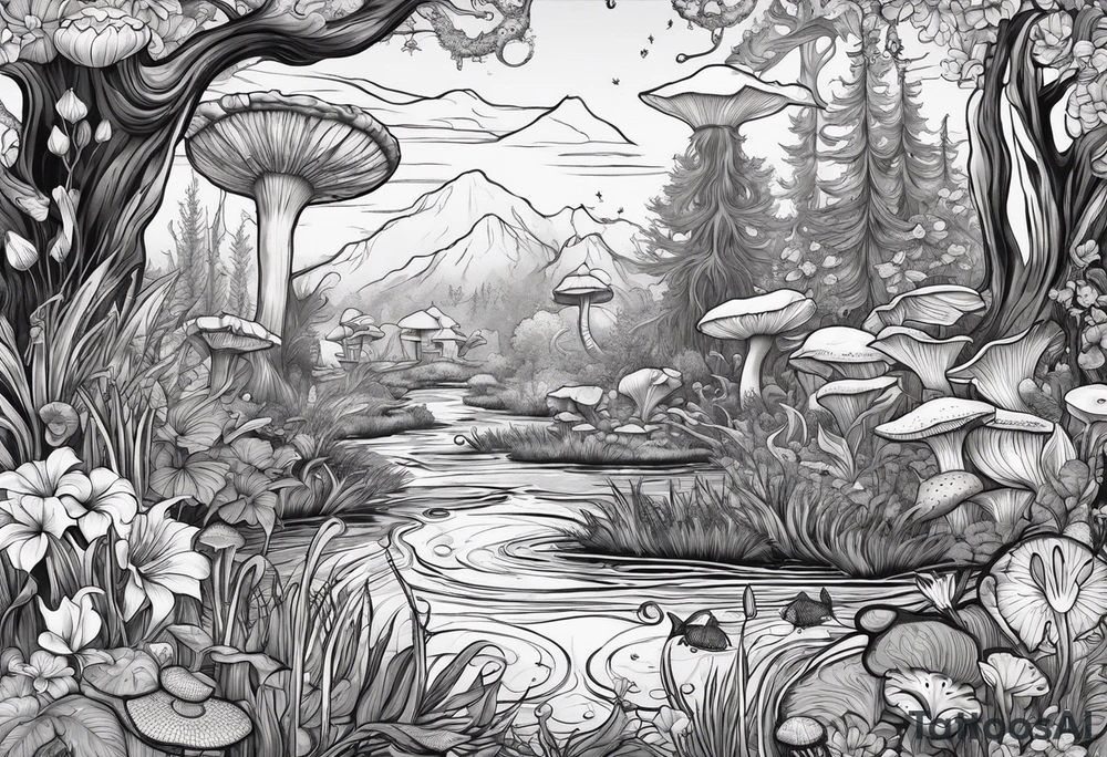 A swamp that has a mermaid in the middle with cypress trees, mushrooms, wild flowers, lily pads, frogs, and bugs all around. tattoo idea