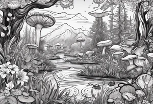 A swamp that has a mermaid in the middle with cypress trees, mushrooms, wild flowers, lily pads, frogs, and bugs all around. tattoo idea