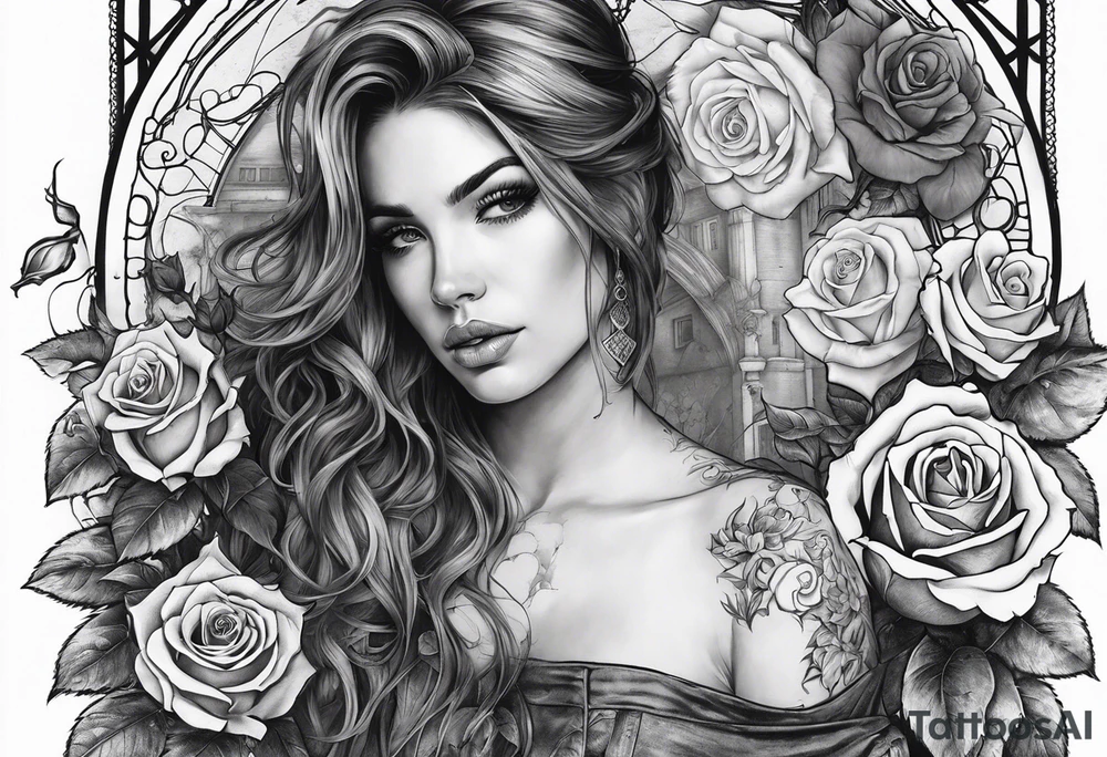 fool sleeve,, abandoned old gotic house, broken sword, roses, tattoo idea