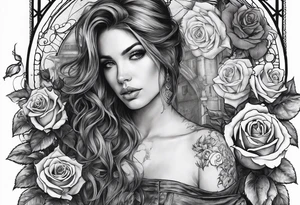 fool sleeve,, abandoned old gotic house, broken sword, roses, tattoo idea