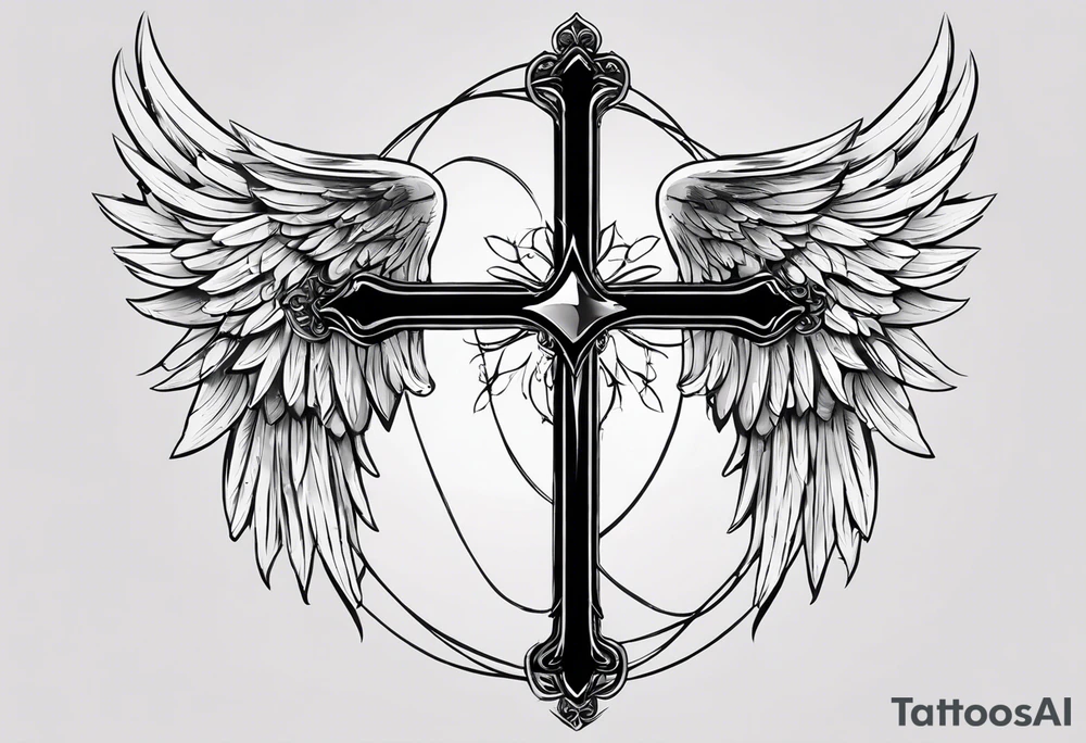 I need a tattoo in minimalism, the main element will be a cross, which should have angel wings, and barbed wire runs from top to bottom along the cross минимум  деталей tattoo idea