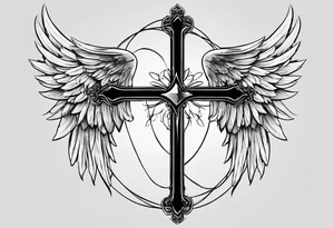 I need a tattoo in minimalism, the main element will be a cross, which should have angel wings, and barbed wire runs from top to bottom along the cross минимум  деталей tattoo idea