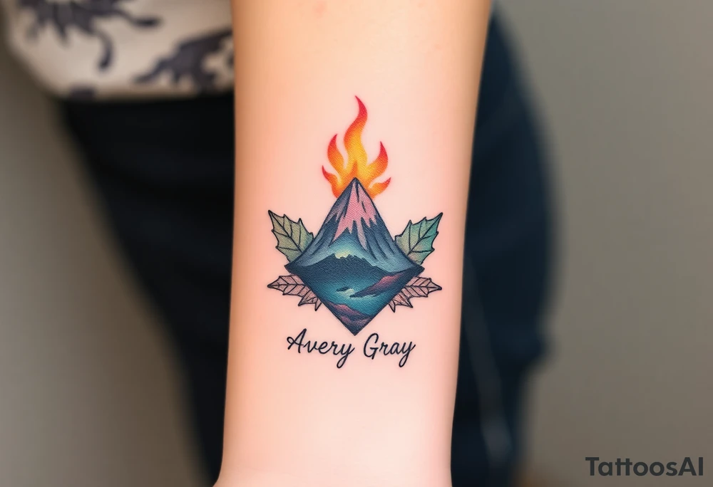 Female Geometric Volcano tattoo erupting in a heart with text Avery Gray. Maple leaf incorporated tattoo idea