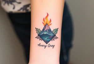 Female Geometric Volcano tattoo erupting in a heart with text Avery Gray. Maple leaf incorporated tattoo idea