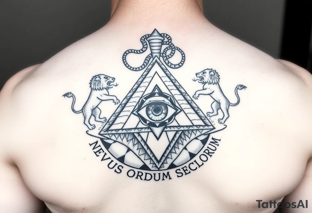 Pyramid with eye in the center, diamond with snake on the top,lions on corners,surrounded by words - novus ordum seclorum tattoo idea