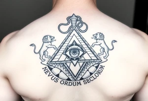 Pyramid with eye in the center, diamond with snake on the top,lions on corners,surrounded by words - novus ordum seclorum tattoo idea