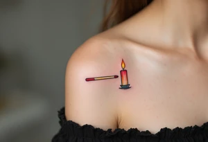One wears a burning match in red and gold, and the other the lit candle it touches, showing how they ignite each other’s flame. tattoo idea