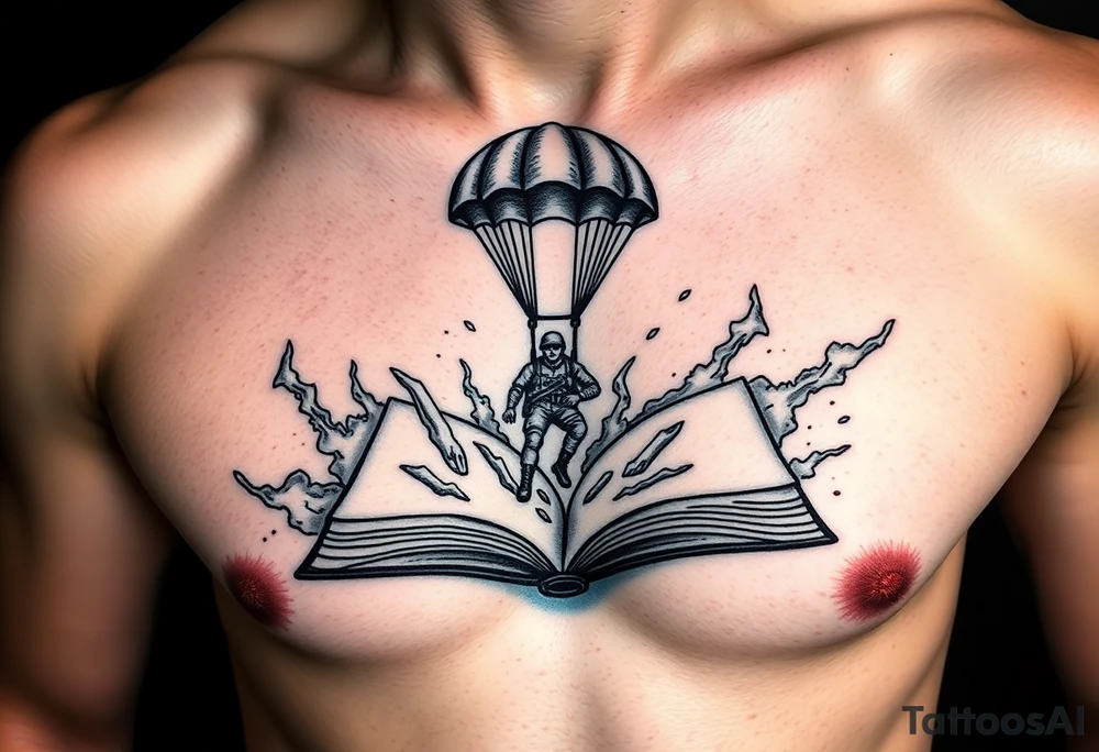 A parachuting soldier landing into an open book. Chaos surrounding, but the book is protecting the soldier from it. On the chest. Make the tattoo smaller. Make it thought provoking. Make the chaos in the environment be an eerie mist. Make the pages in the book be blank. Just one soldier, no other characters tattoo idea