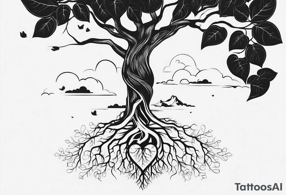 a heart shape with this inside the heart: brain, plane, family, and tree roots tattoo idea