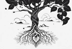 a heart shape with this inside the heart: brain, plane, family, and tree roots tattoo idea