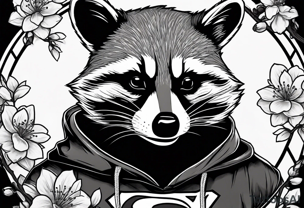 Raccoon wearing a white Superman logo on a black hoodie and orange Japanese cherry blossoms beside tattoo idea