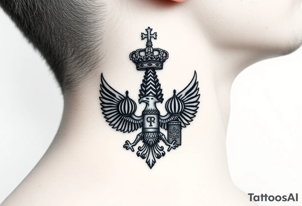 St. George 
3 russian imperial crowns above the Russian coat of arms double eagle
Russian sabre
The Kremlin or St. Basil's Cathedral scene 
on the side of my neck tattoo idea