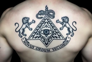 Pyramid with eye in the center, diamond with snake on the top,lions on corners,surrounded by words - novus ordum seclorum tattoo idea