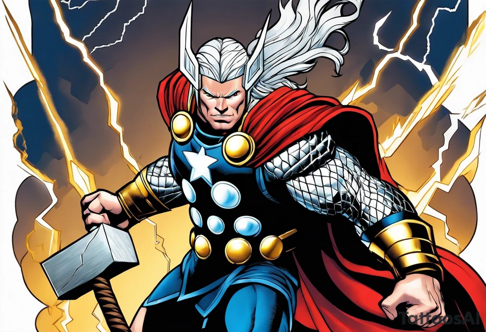 The Mighty Thor  with lightning in the background tattoo idea