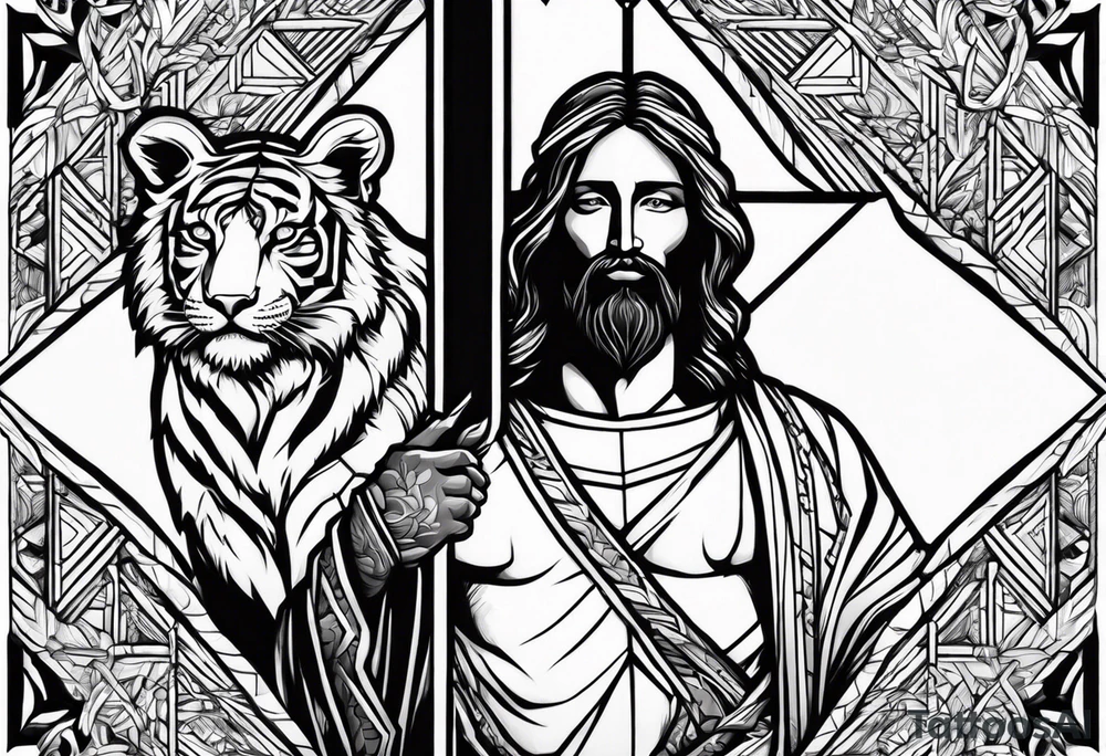 Jesus on a cross with a tiger cub walking in front tattoo idea