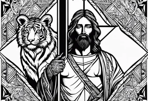 Jesus on a cross with a tiger cub walking in front tattoo idea