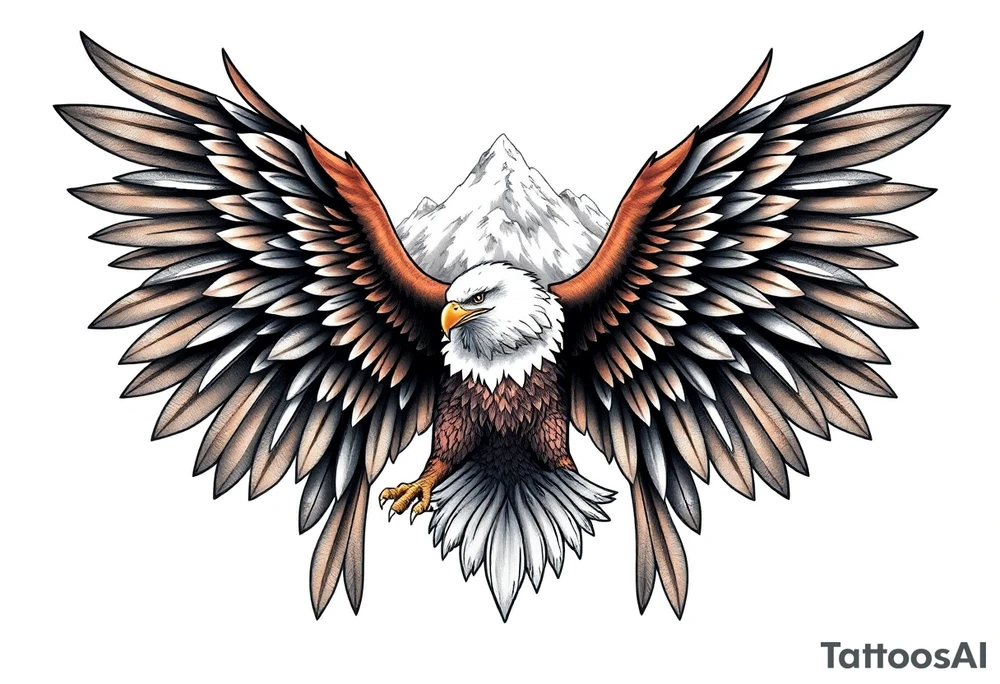 majestic eagle spreading wings against mountain peaks tattoo idea