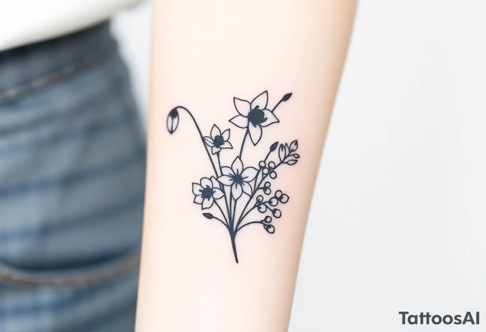 Bouquet of birth months flowers Lilly of the valley, daffodil, larkspur and Ilex aquifolium with berries tattoo idea
