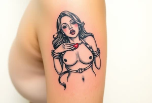 Naked Woman in restraints, with her mouth held agape and a penis entering tattoo idea