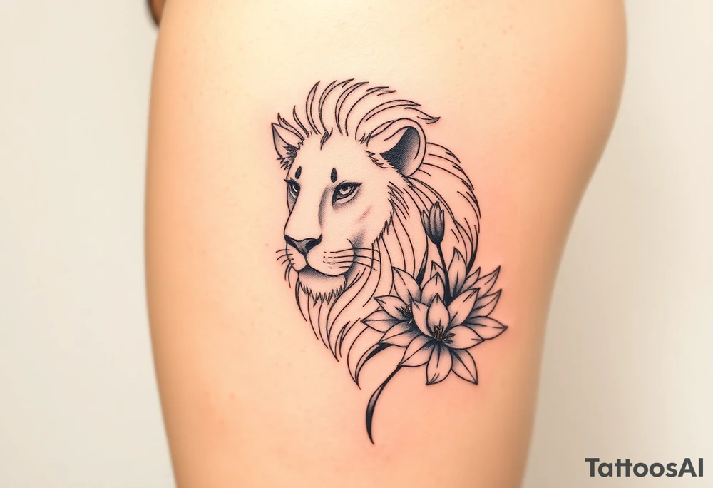 Lion with larkspur and water lilies tattoo idea