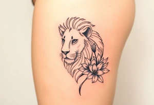 Lion with larkspur and water lilies tattoo idea