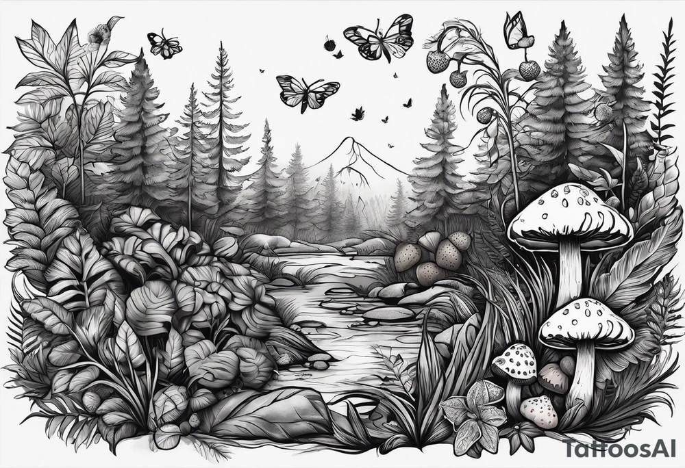 forest floor inspired realistic tattoo, which includes grass, curly ferns and dead leaves as the bulk of the tattoo. details to include: three very tiny strawberries, couple of VERYsmall mushrooms, a tiny bumblebee flying nearby tattoo idea