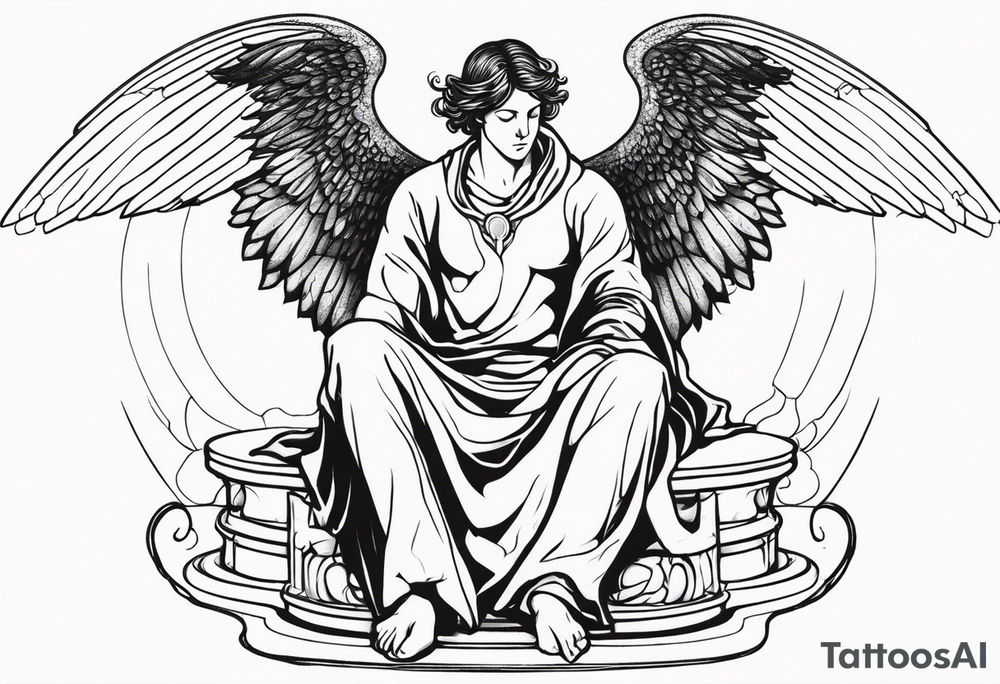 male angel with wings and a halo sitting peacefully casting tattoo idea
