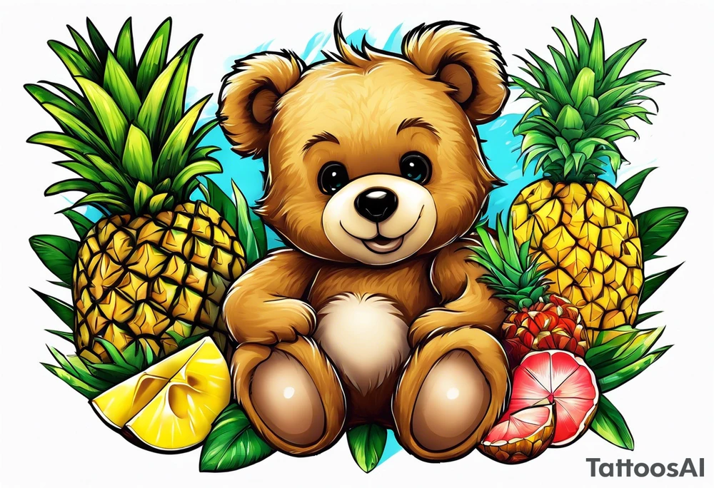 Teddy bear loves pineapple and coconuts tattoo idea