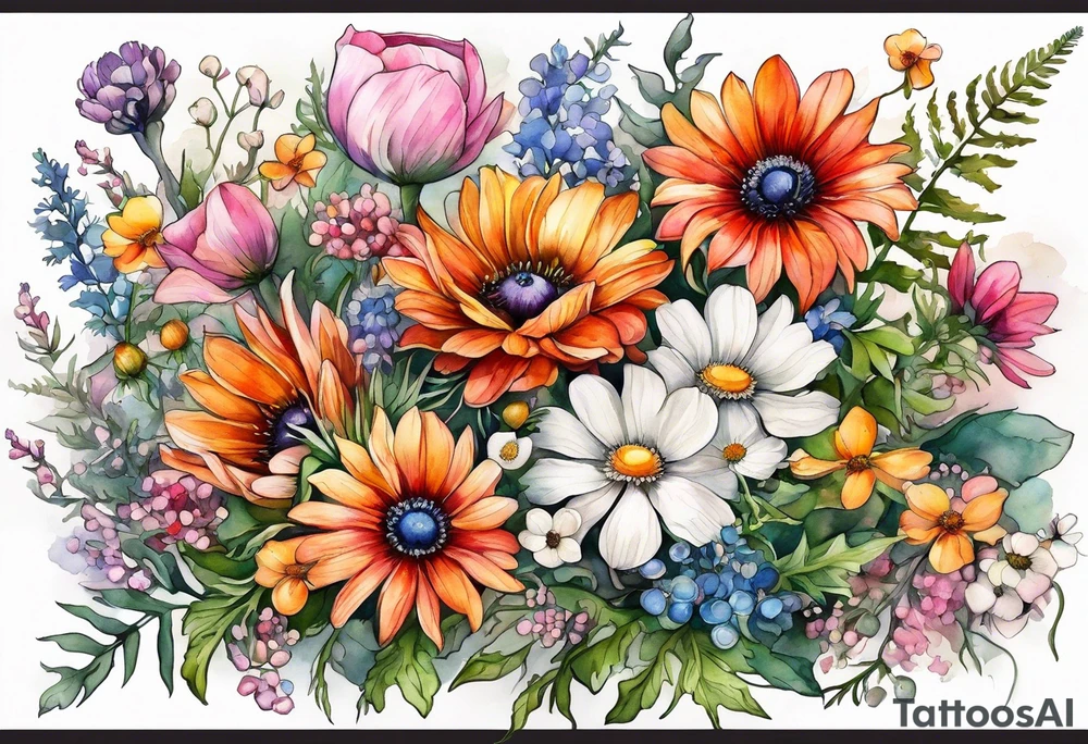 wildflowers cascading with thistles, ferns, white anemones, sun flowers, orange flowers, pink flowers, red flowers, babys breath and daisies all in watercolor tattoo idea