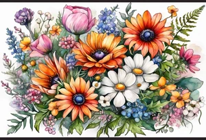 wildflowers cascading with thistles, ferns, white anemones, sun flowers, orange flowers, pink flowers, red flowers, babys breath and daisies all in watercolor tattoo idea