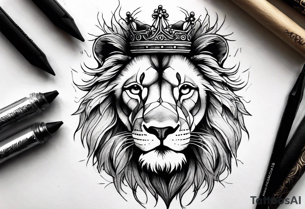 I want a detailed lion with a cross scar over his eye and a thorn crown on his head with maybe a little bit of floral work in the crown tattoo idea