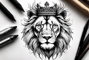 I want a detailed lion with a cross scar over his eye and a thorn crown on his head with maybe a little bit of floral work in the crown tattoo idea