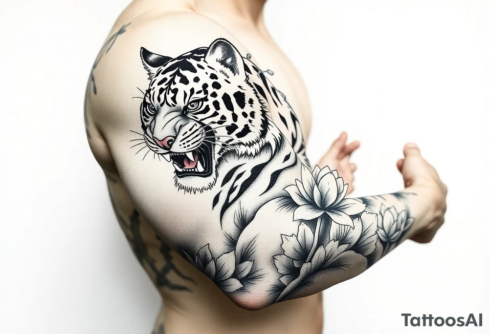 fierce tiger emerging through blooming lotus forrest in mist tattoo idea