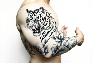 fierce tiger emerging through blooming lotus forrest in mist tattoo idea