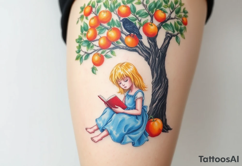 A blond little girl wearing a blue dress sitting under a orange tree while reading a book.a raven on top of a tree branch watching her. 


. tattoo idea