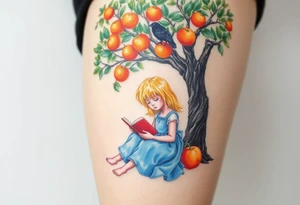 A blond little girl wearing a blue dress sitting under a orange tree while reading a book.a raven on top of a tree branch watching her. 


. tattoo idea