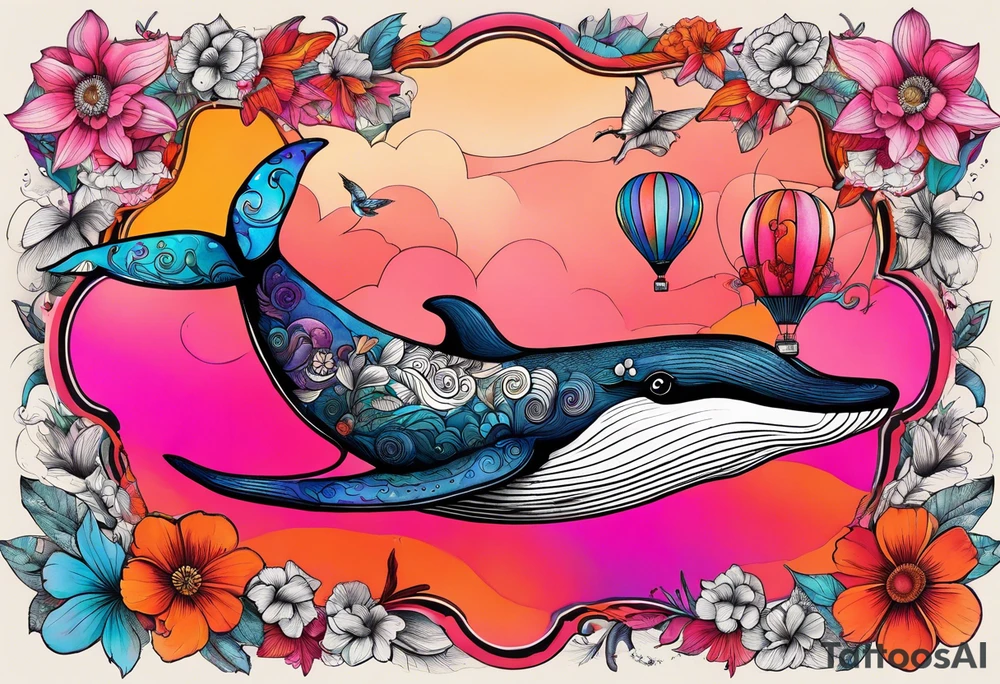 Small whale, hummingbird, face, flowers, bold color, collage, pink, orange, red, hot air balloon tattoo idea
