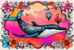 Small whale, hummingbird, face, flowers, bold color, collage, pink, orange, red, hot air balloon tattoo idea