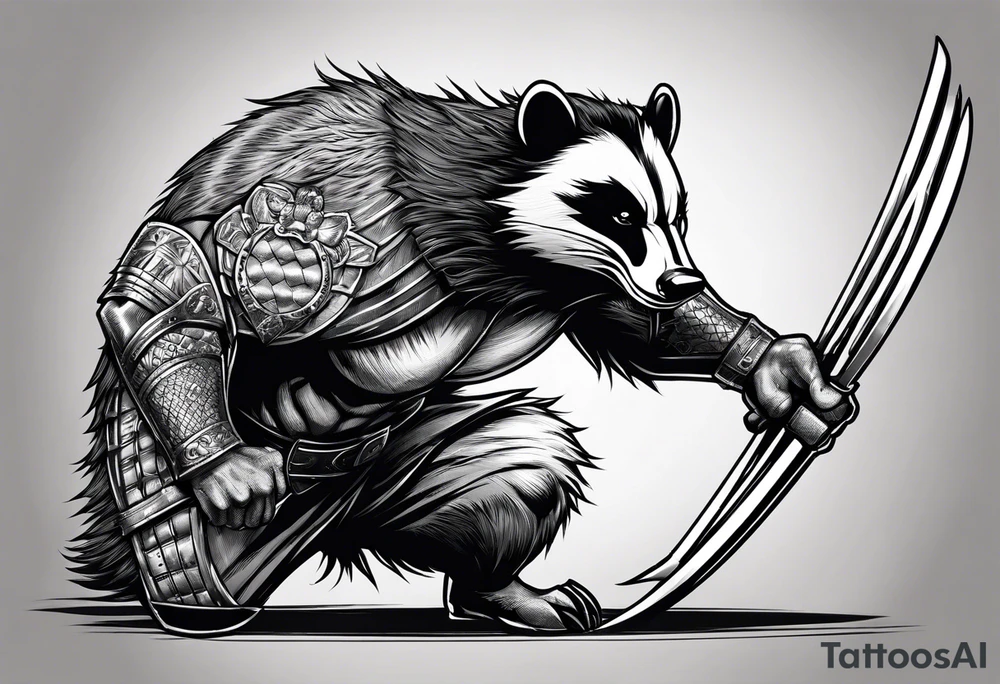 Draw me badger/wolverine with aggressive full body show, killer face with cute smile, very long nails and he attacks like a gladiator to enemy and also he has very deadly looking tattoo idea
