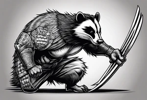 Draw me badger/wolverine with aggressive full body show, killer face with cute smile, very long nails and he attacks like a gladiator to enemy and also he has very deadly looking tattoo idea
