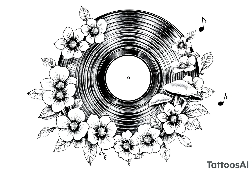 vinyl record surrounded by flowers, mushrooms, and music notes tattoo idea