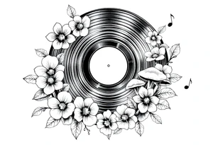 vinyl record surrounded by flowers, mushrooms, and music notes tattoo idea
