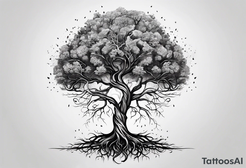 a small tree with its roots morphing into the shape of a brain tattoo idea
