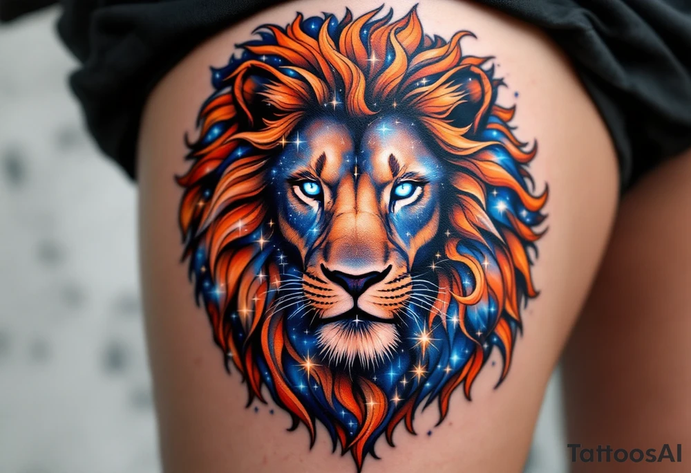 The Leo vivid star constellation is woven into the flowing mane of a copper-toned lion, with cosmic blues and silvers. tattoo idea
