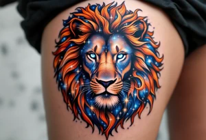 The Leo vivid star constellation is woven into the flowing mane of a copper-toned lion, with cosmic blues and silvers. tattoo idea